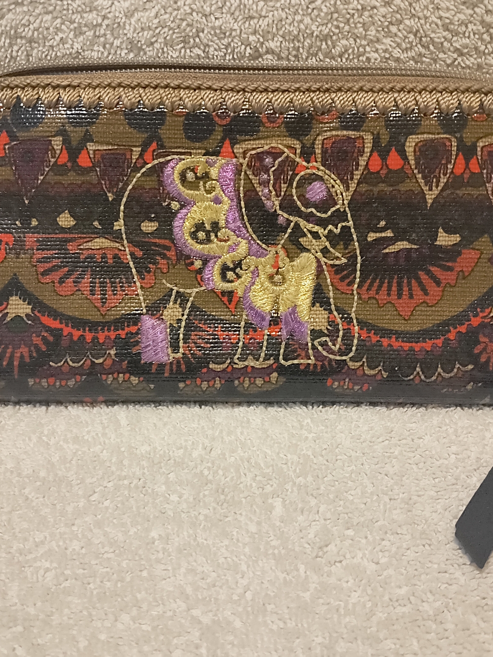 Mini Embroidered Elephant Crossbody Bag in Brown & Gold